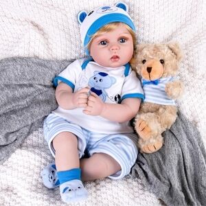 Adorable Blue and White Baby Doll with Teddy Bear